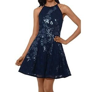 Xscape Sequin Halter Fit Flare Dress 12 Navy Blue Old Hollywood Glam Romantic